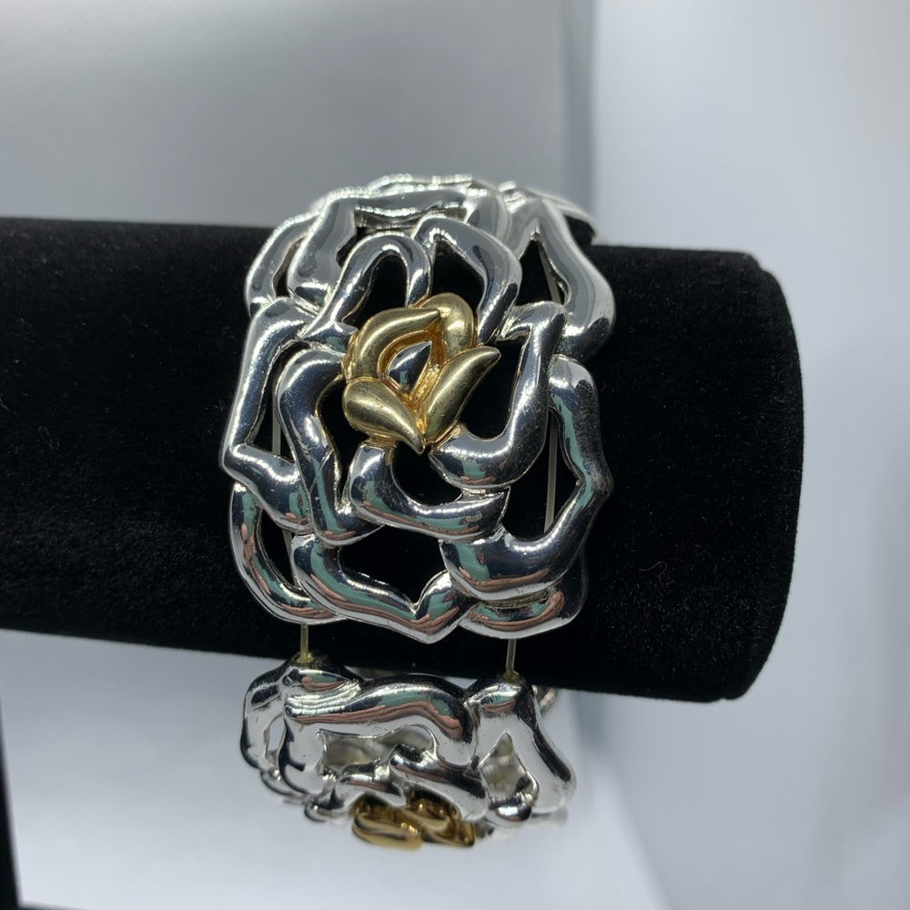 Rose Charm Bracelet Silver/GoldStainless Steel 6.5 Large Garden Flowers Bangle
